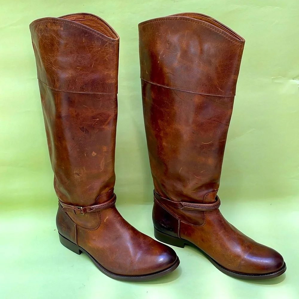 New orange brown Frye grunge leather riding boots